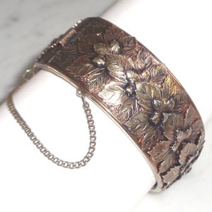 Maple Leaf Hinged Bangle Bracelet Vintage Gold Tone Metal w Safety Chain