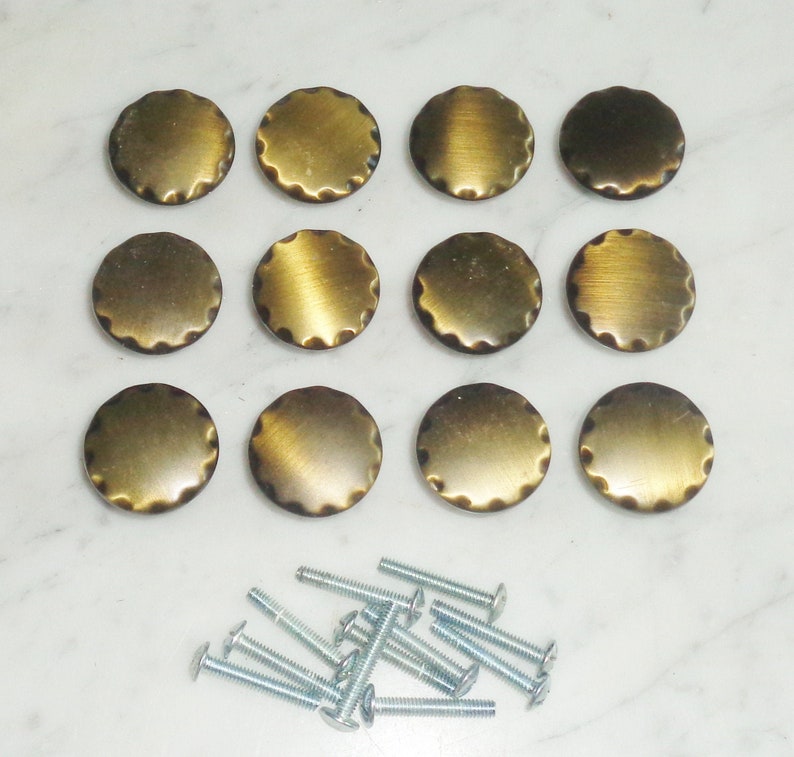 2 tone Brass Cabinet Drawer Pull Knobs 1 inch Set of 12 Vintage Mid Century