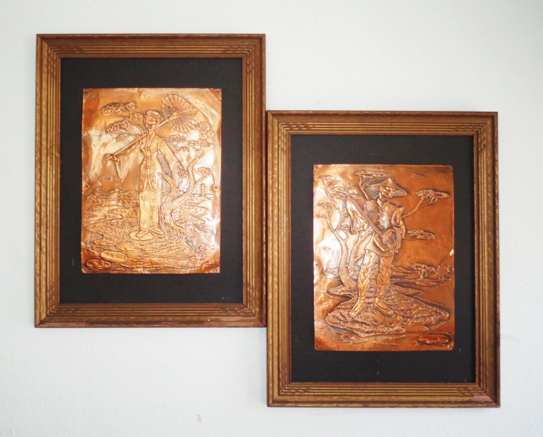 Vintage Wood Framed Copper Etching Asian Japanese Male & Female
