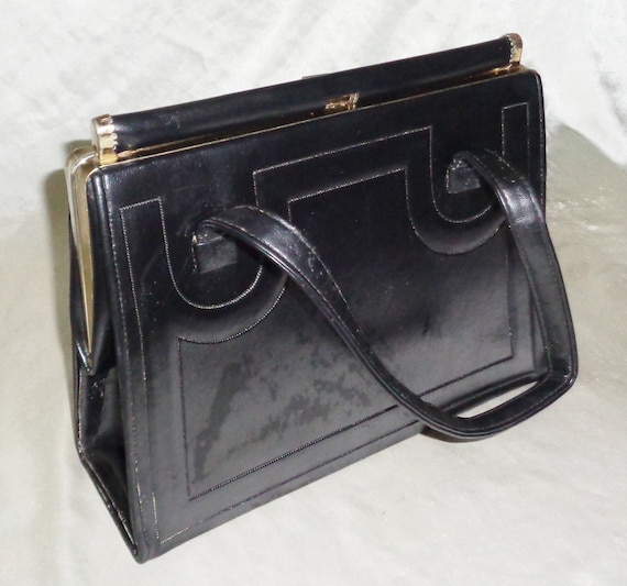 Vintage Black Vinyl Leather Purse Hand Bag w Inne… - image 5