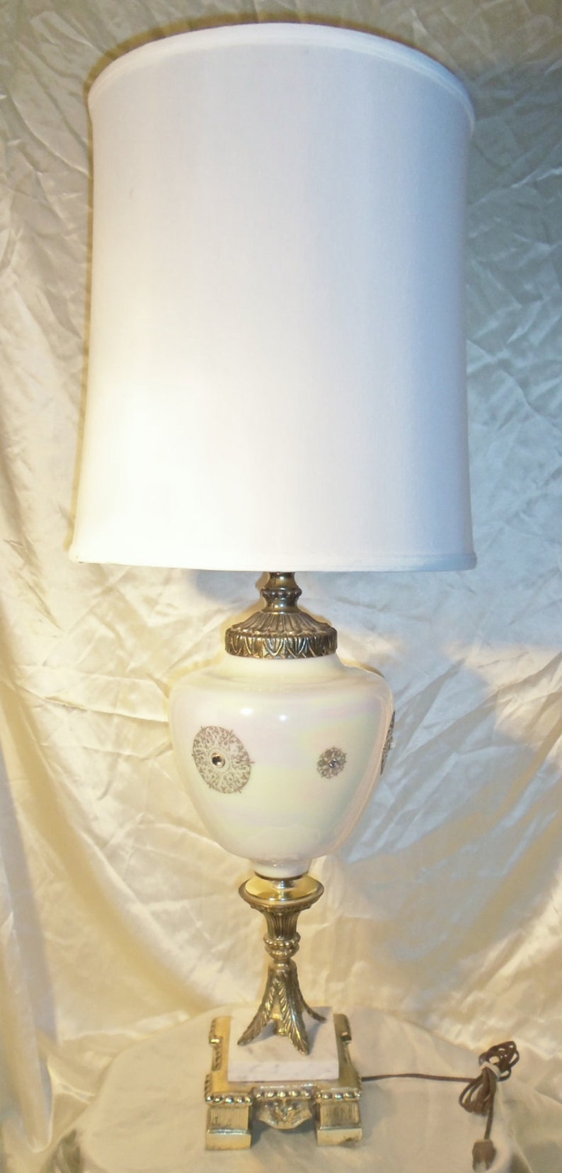 Iridescent Table Lamp w Metal Marble Base Vintage Hollywood Regency