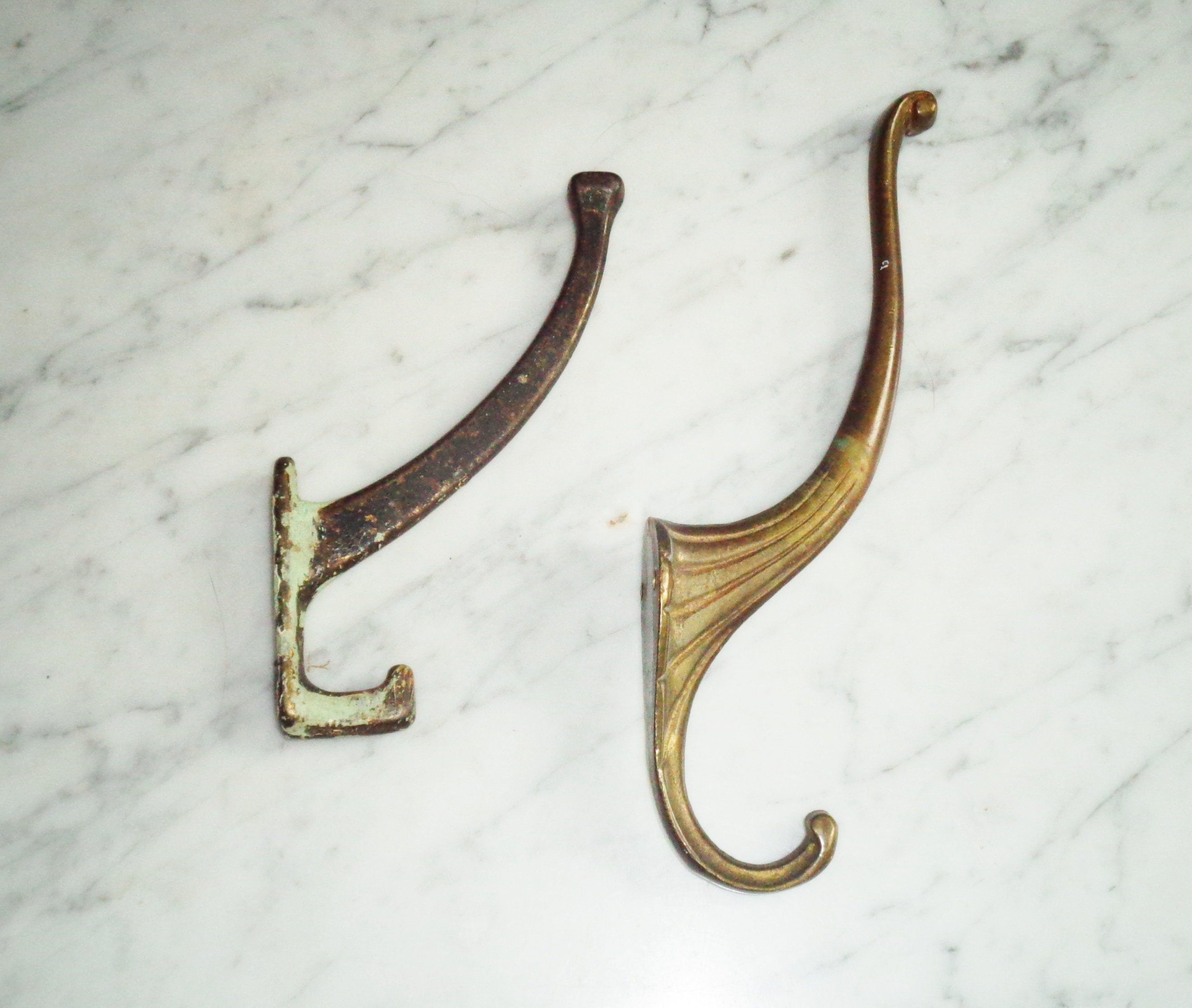 Antique Double Coat Hooks Brass 8 Inch & Cast Iron 6 Inch 