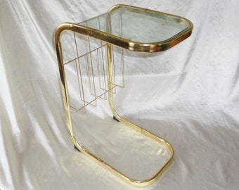U-vormige retro vintage glazen plank goud metalen bijzettafel plantenstandaard met tijdschriftenrek