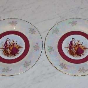 YS Fine Porcelain Courting Couple Red Gold Iridescent 10 3/4in Dinner Plates Set of 2