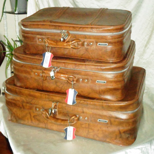 Triumph American Tourister Soft Case Faux Brown Leather 1960s luggage Set ~ 3 Suitcases, Vintage Mid Century Mod