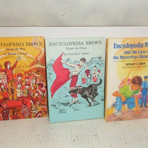 3 Vintage HC Encyclopedia Brown Books by Donald Sobol ~ Mysterious Handprints, Finds The Clues, Shows The Way