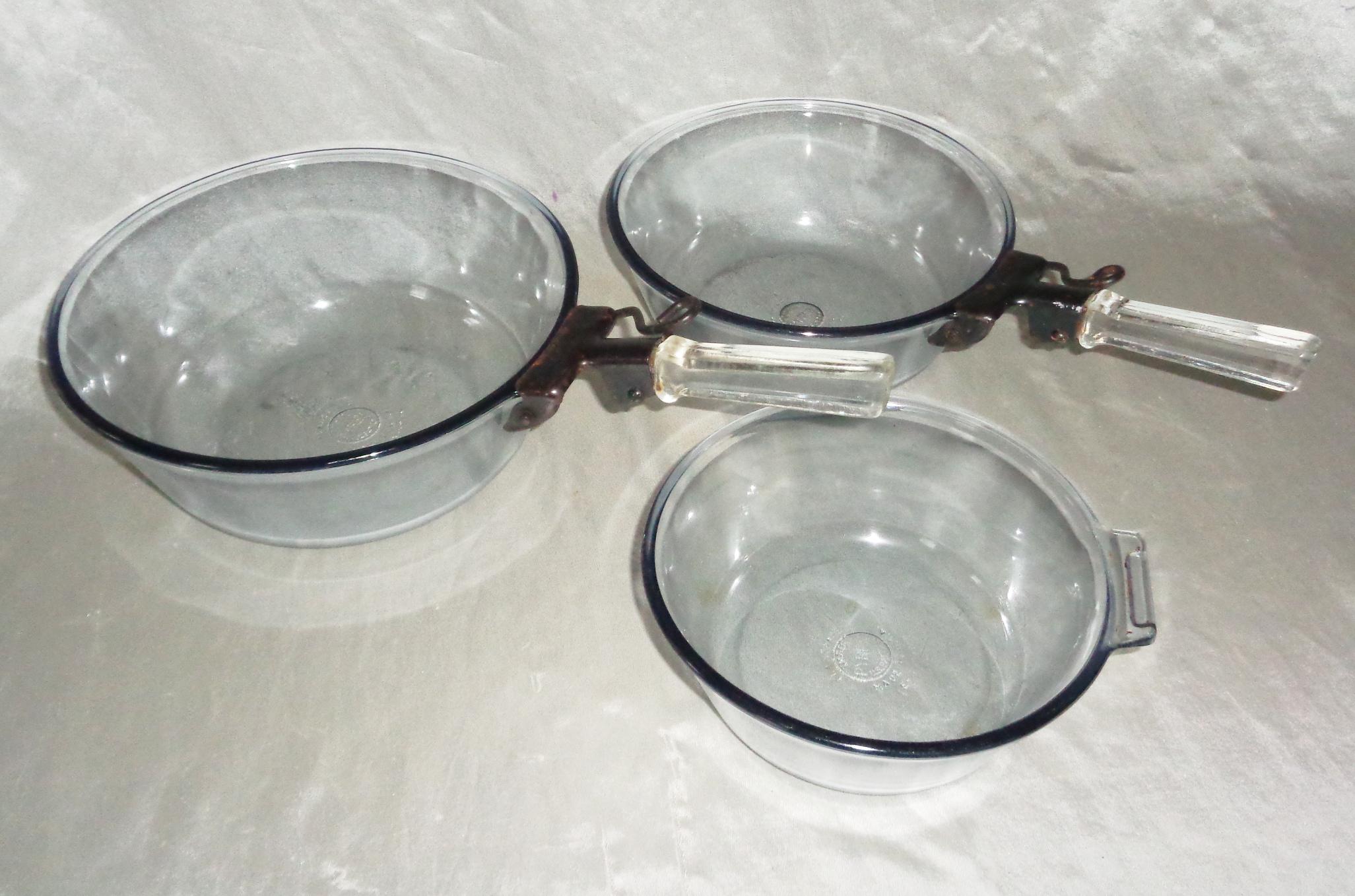Pyrex Removable Handle 3 Pyrex Flameware Cookware Glass Sauce Pans W 2 Detachable Handles 834 ...