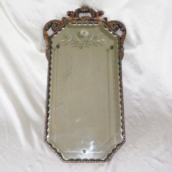 Antique Wood Frame Etched Mirror w Beveled Edge 28 1/2 x 15 1/4 inch