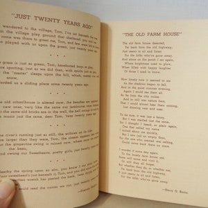May include: A vintage book with two poems titled "Just Twenty Years Ago" and "The Old Farm House". The poems are printed on yellowed paper with black text. The poems are about nostalgia and remembering the past.