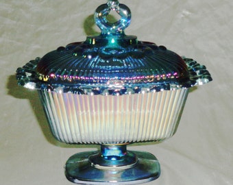 Indiana Glass Iridescent Carnival Harvest Glass Covered Candy Dish, Lace Lattice