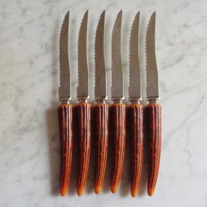May include: Set of six stainless steel steak knives with brown and orange faux horn handles.