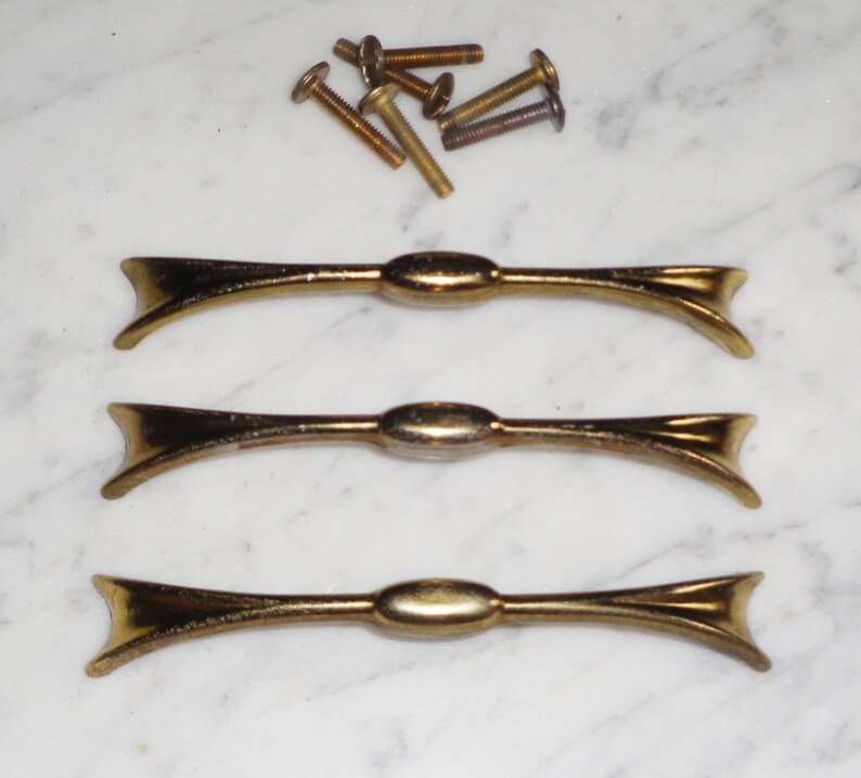 3 Vintage Mid Century Modern Atomic Brass Bow Tie Cabinet Drawer Pulls