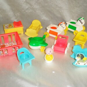 Vintage Fisher Price Little People Nursery Furniture~ Baby, Hichair, Playpen, Changing Table, Plane Rocking Horse +