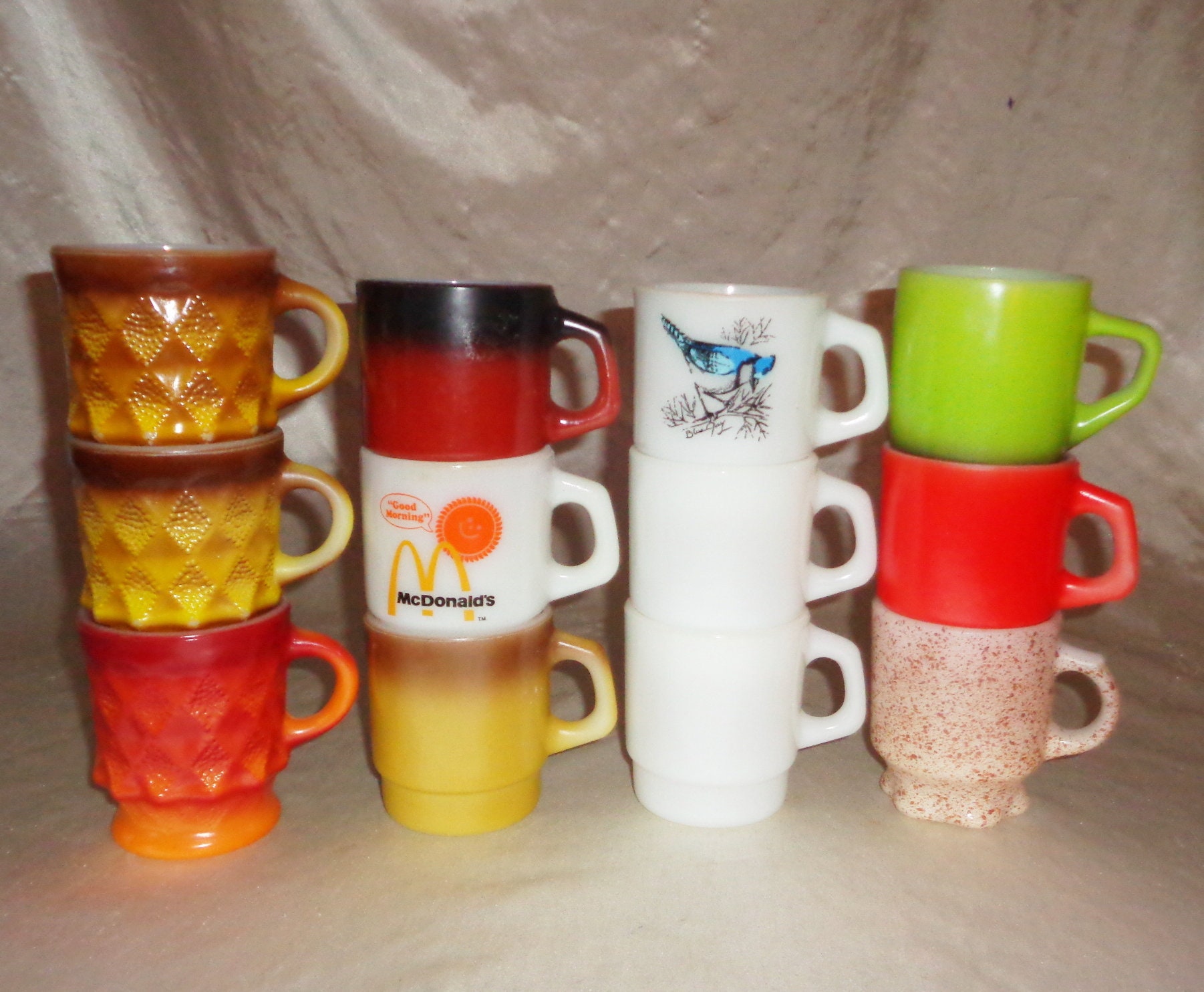 Fire King White Stacking Coffee Mugs ~ Mcdonalds Bird, Kimberly