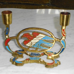 Vintage Retro Brass Metal 2 Arm 1776-1976 Enamel Eagle Motif Candle Holder
