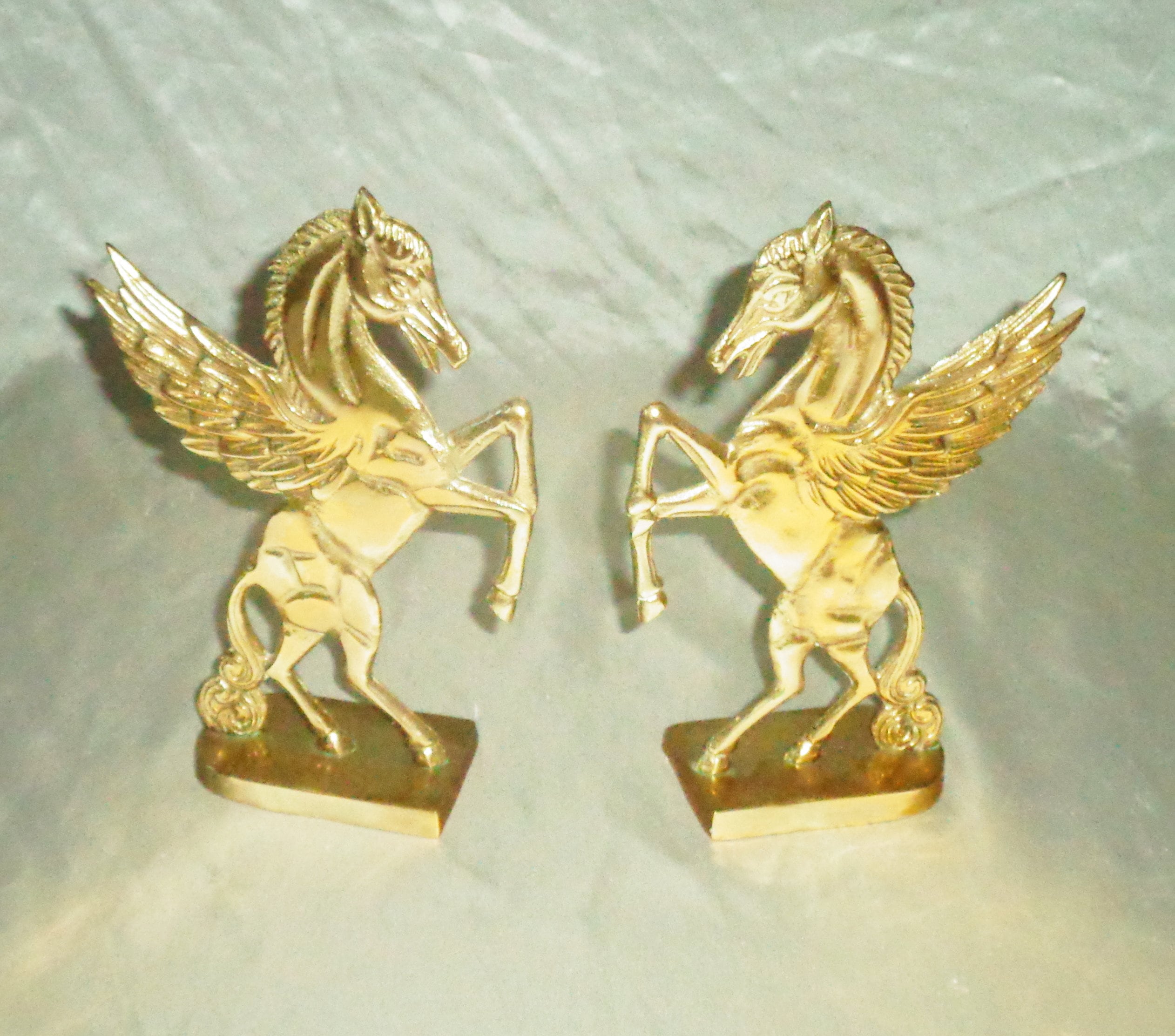 Vintage 1970S Brass Metal Pegasus Horse Paper Weight Book Ends