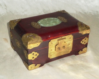 Ornate Wood Jewelry Box Made in Shanghai China, Vintage w Brass Accents & Jade Lotus Flower Medallion Deco