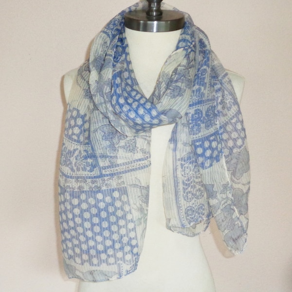 Polka Dot Leaf Flower Light Blue & White 70 x 20 inch Scarf, Vintage unsigned