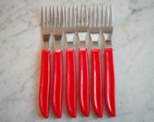6 Vintage Quikut Fiesta Stainless Steel Red 7 5 8 inch 3 Prong Dinner Forks