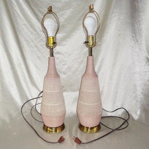 FAIP 3 Way Textured Chalkware Mauve & Brass Vintage Table Lamps 23 inch Set of 2 from the 1960s