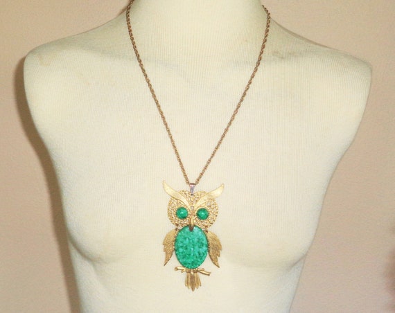 Owl Pendant Necklace w Turquoise Colored Stones V… - image 1