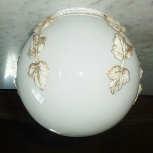 Lightolier Virden White Glass Ball Orb Globe w Metal Applied Leaf Deco Vintage
