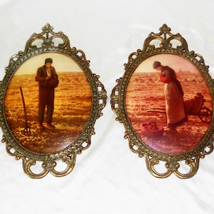 Angelus Jean Francois Millet Vintage Farmer Prints w okrągłym szkle Metal „Made in Italy” Styl 17 x 12 cali Dekoracyjne ramki