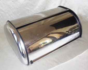 Roll Top Bread Box Stainless Steel w Black Trim Metal, Vintage