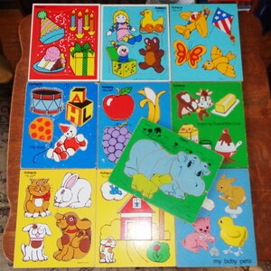 10 Original Vintage Playskool Wood Puzzles ~ Toys Fruits Pets House Hippo +