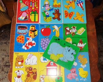 10 Original Vintage Playskool Wood Puzzles ~ Toys Fruits Pets House Hippo +
