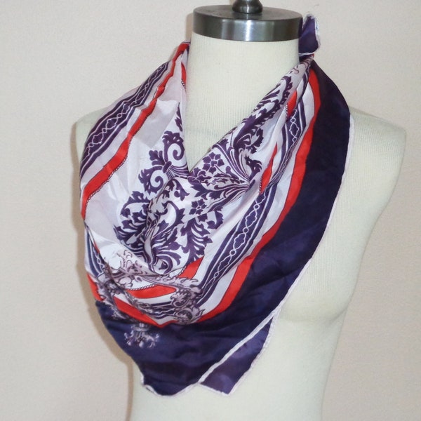 Decorative Floral Scroll Leaf Scarf Shall Wrap 27 x 26 inch Polyester Red Purple White Square, Vintage