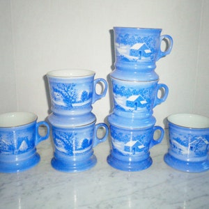 7 Blue Currier & Ives Royal China Made in Japan Tall Coffee Mugs Cups ~ Old Homestead, Wilderness, Farmers Home +