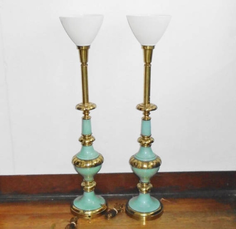 Rembrandt Table Lamps Brass Aquamarine Enamel Set Of 2 W Diffusers Rare Mid Century Modern