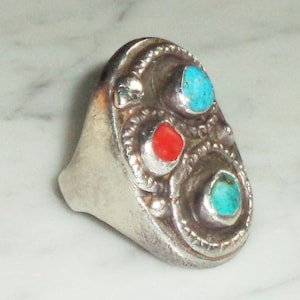 Navajo Sterling Silver Snake Turquoise Red Coral Mens Ring Size 11