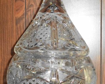 Covered Candy Dish ~ Etched Cut Glass Hobstar Pinwheel Star Pattern Crystal, Large Vintage Piece