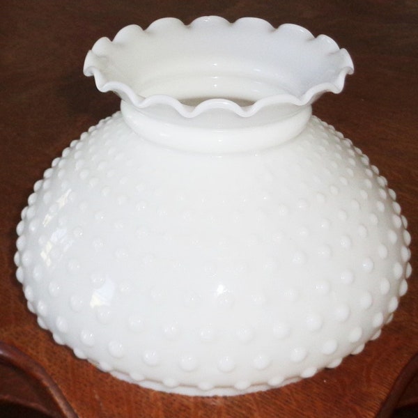 Ruffled Rim Hobnail White Milk Glass 8 1/2 x 5 3/4 inch Hurricane Lamp Shade Vintage w 7 Inch Fitter Rim