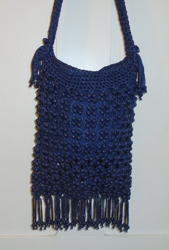 Vintage Walborg Navy Blue Wood Beaded Macrame Han… - image 3