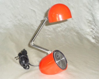 Vintage Mid Century Modern Windsor Red Orange Pill Bullet Desk Top Cone Tension Lamp, Made in Hong Kong