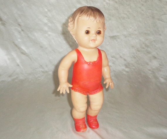 10 Inch Tod-l-dee Sun Rubber Co Girl Squeaker Doll in Red