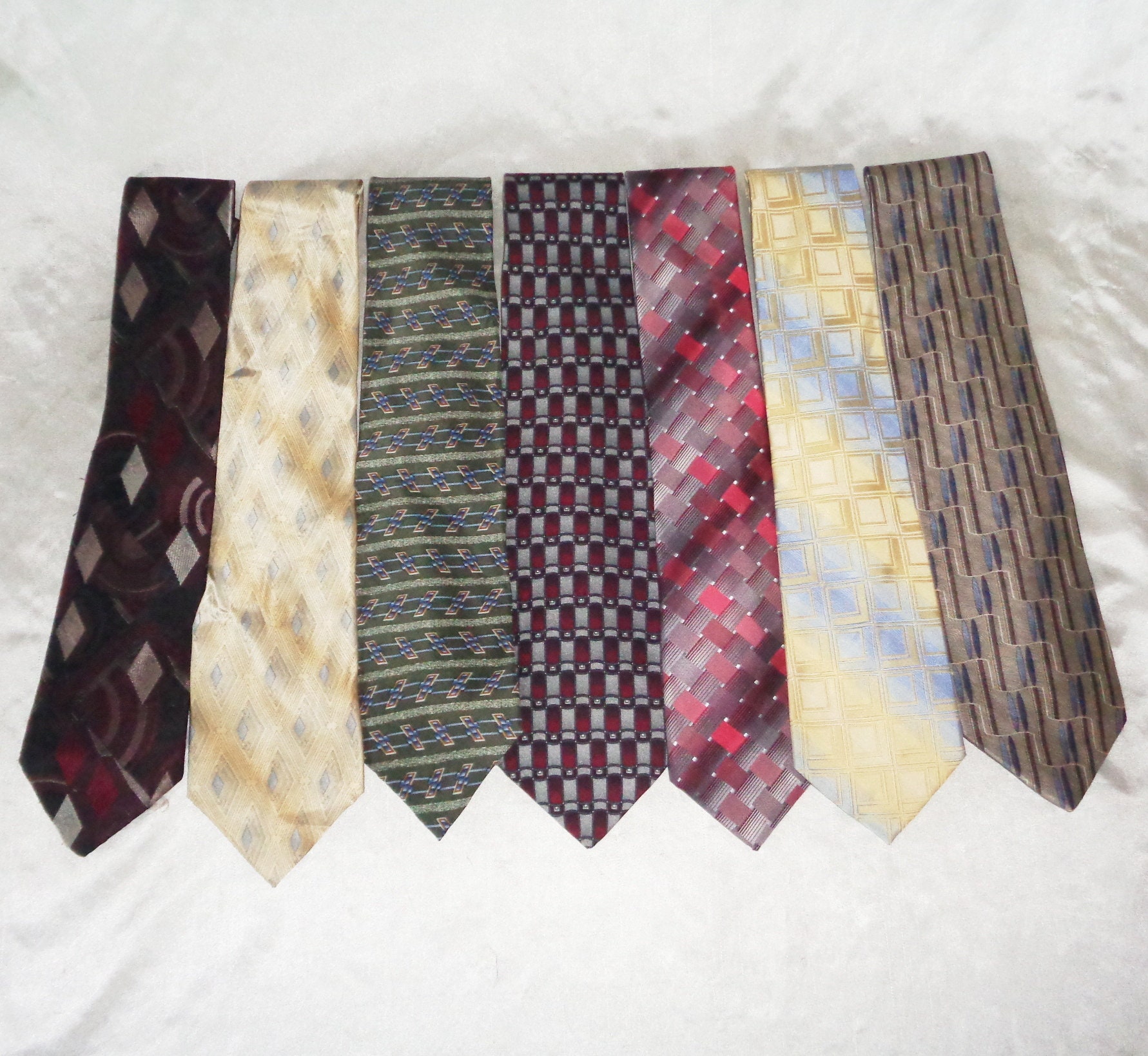 6 zijden en 1 polyester vintage stropdas voor heren uit de jaren 80 in geometrische prints