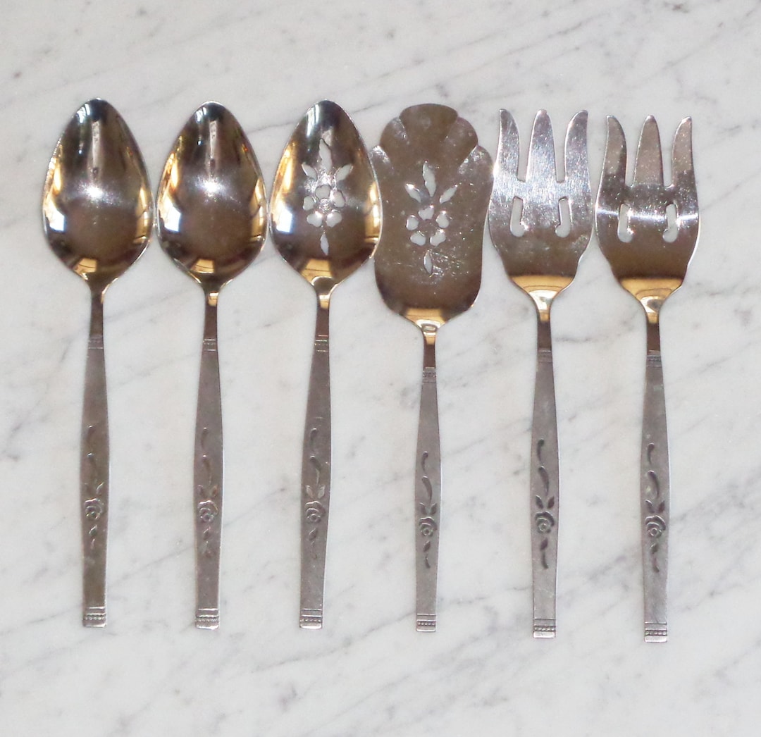 6pc Oneidaware Stainless Rosewood Serving Pieces Spoons, Forks, Pie