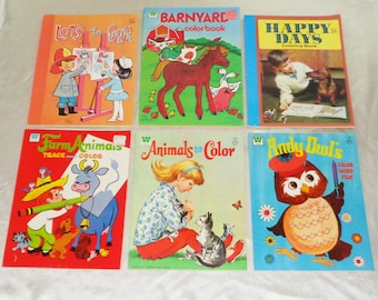 6 libros para colorear antiguos de Whitman ~ Animales de granja, Andy Owl, Días felices, Corral +