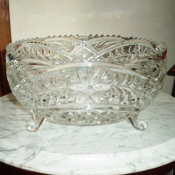 Saw Tooth 3 Toed Footed Center Piece Serving Bowl w Floral Leaf, Checkerboard and Star Pattern, Large Heavy Glass