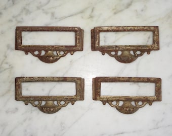 4 Antique Victorian Label Cast Iron Metal Bin Drawer Pulls