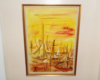 Signed Peter Gullickson 1965 Impressionist Sailing Sail Boat Ships at Harbor Painting Large 29x20 inch Framed Yellow Orange Earth Tones