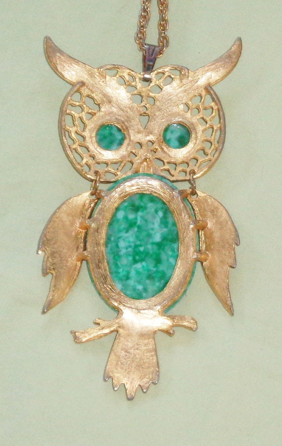 Owl Pendant Necklace w Turquoise Colored Stones V… - image 4