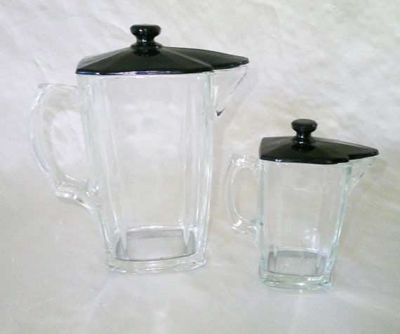 Art Deco Paden City Glass Set of 2 Clear Glass Pitchers W Black Glass Lids  