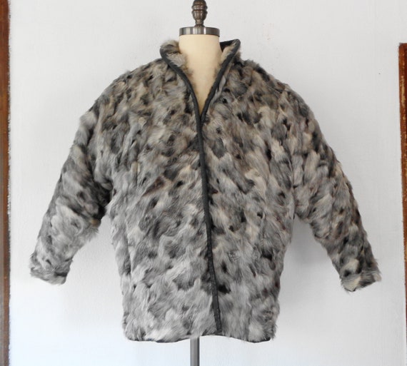 Fox Fur Coat w Leather Trim- Gray Black White Ton… - image 1