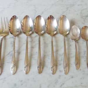 Puede incluir: Conjunto de ocho cucharas plateadas y un tenedor con un diseño floral adornado. Las cucharas son de varios tamaños, incluyendo una cuchara pequeña y una cuchara de servir más grande.
