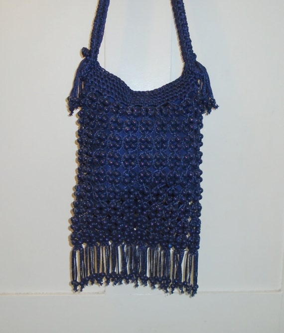 Vintage Walborg Navy Blue Wood Beaded Macrame Han… - image 1